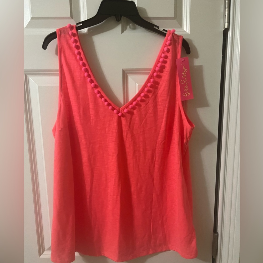 NWT Lily Pulitzer XXL bright pink v-neck top with pom-pom detail